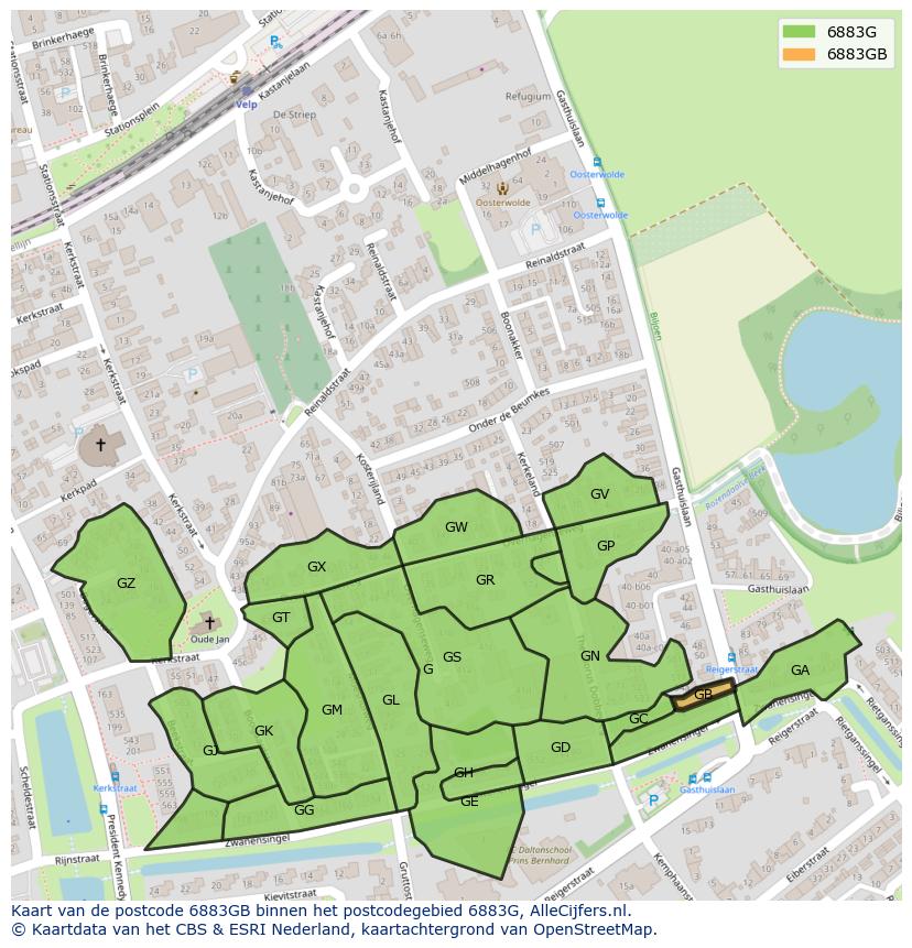 Afbeelding van het postcodegebied 6883 GB op de kaart.