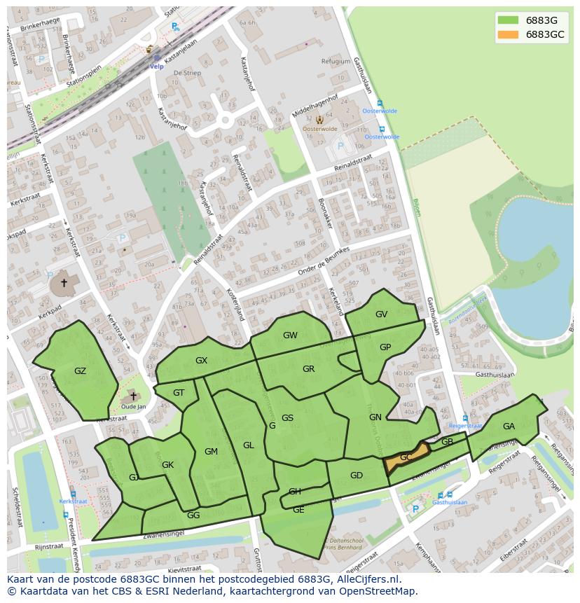 Afbeelding van het postcodegebied 6883 GC op de kaart.