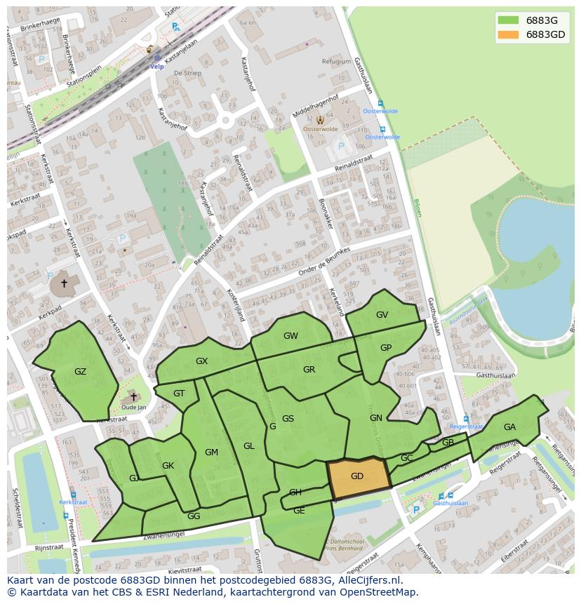 Afbeelding van het postcodegebied 6883 GD op de kaart.