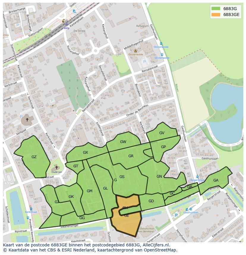 Afbeelding van het postcodegebied 6883 GE op de kaart.