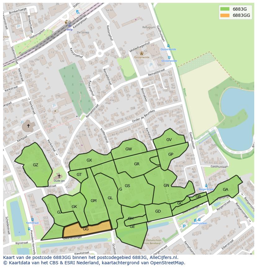 Afbeelding van het postcodegebied 6883 GG op de kaart.