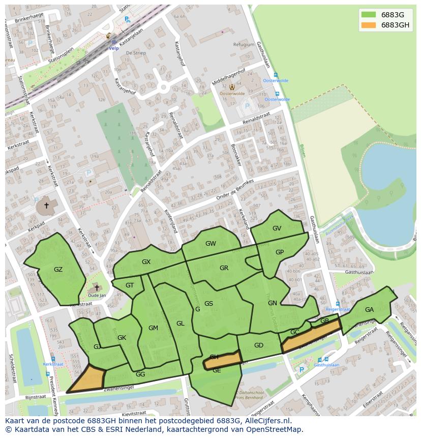 Afbeelding van het postcodegebied 6883 GH op de kaart.
