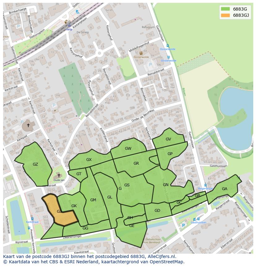 Afbeelding van het postcodegebied 6883 GJ op de kaart.