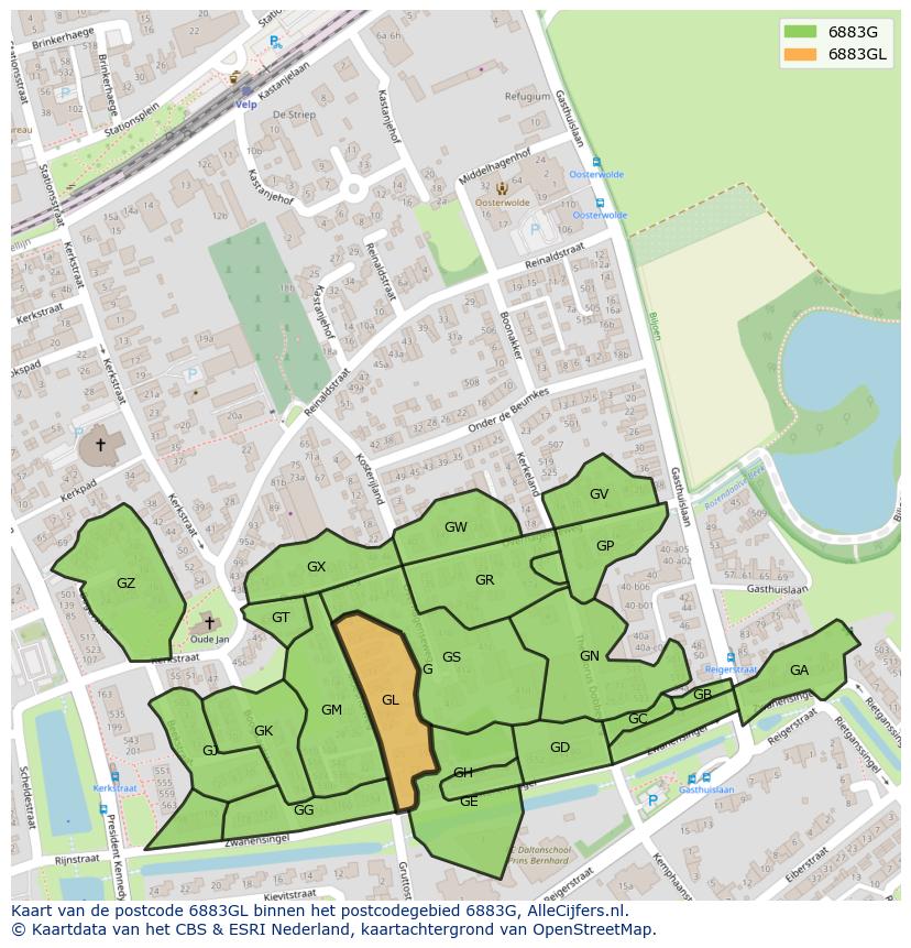 Afbeelding van het postcodegebied 6883 GL op de kaart.