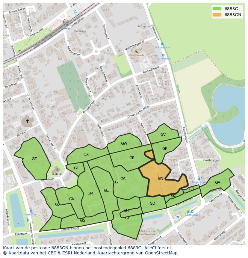 Afbeelding van het postcodegebied 6883 GN op de kaart.