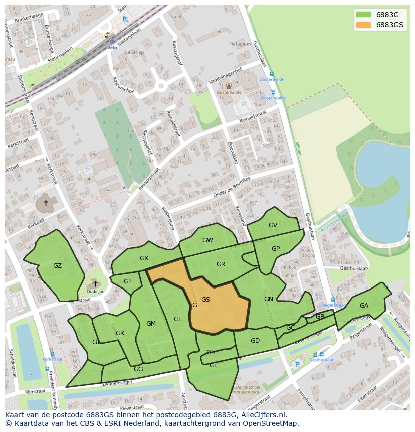 Afbeelding van het postcodegebied 6883 GS op de kaart.