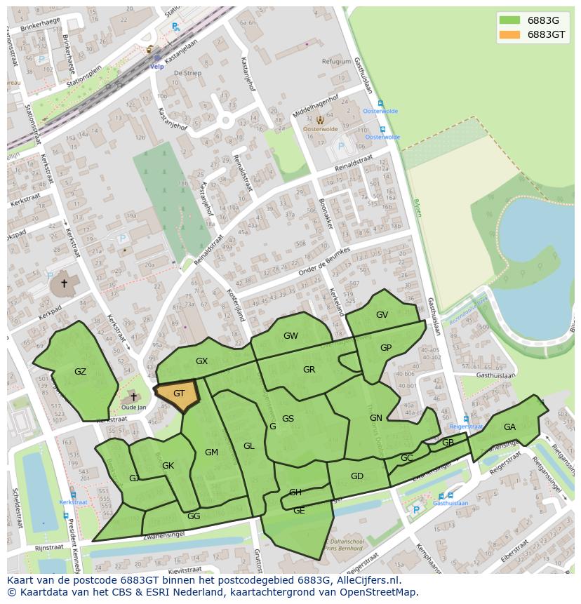 Afbeelding van het postcodegebied 6883 GT op de kaart.