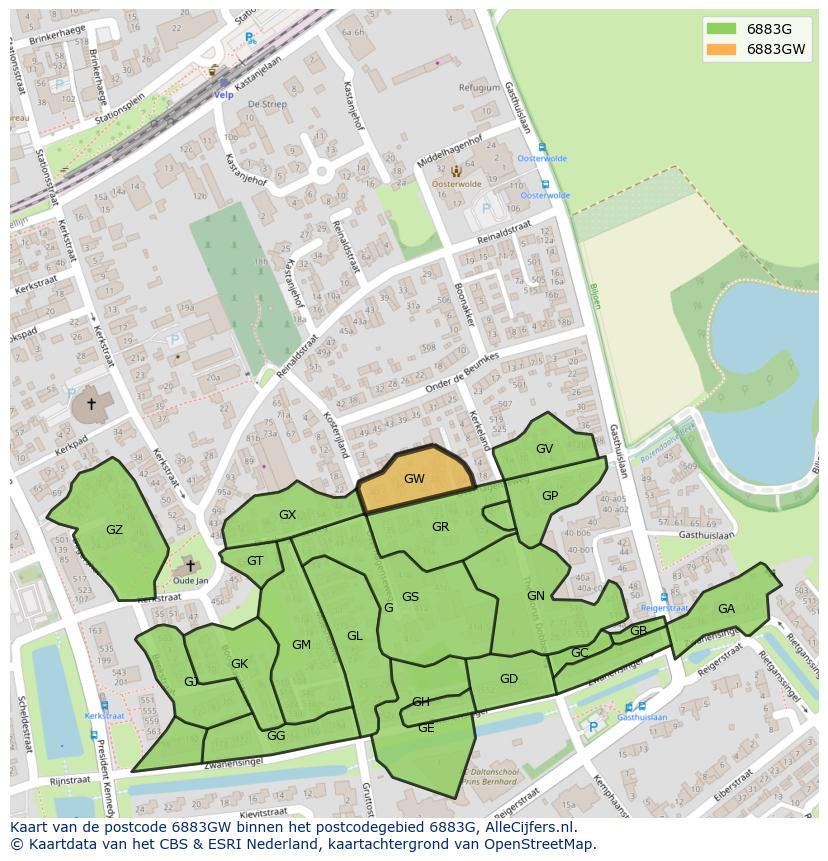 Afbeelding van het postcodegebied 6883 GW op de kaart.