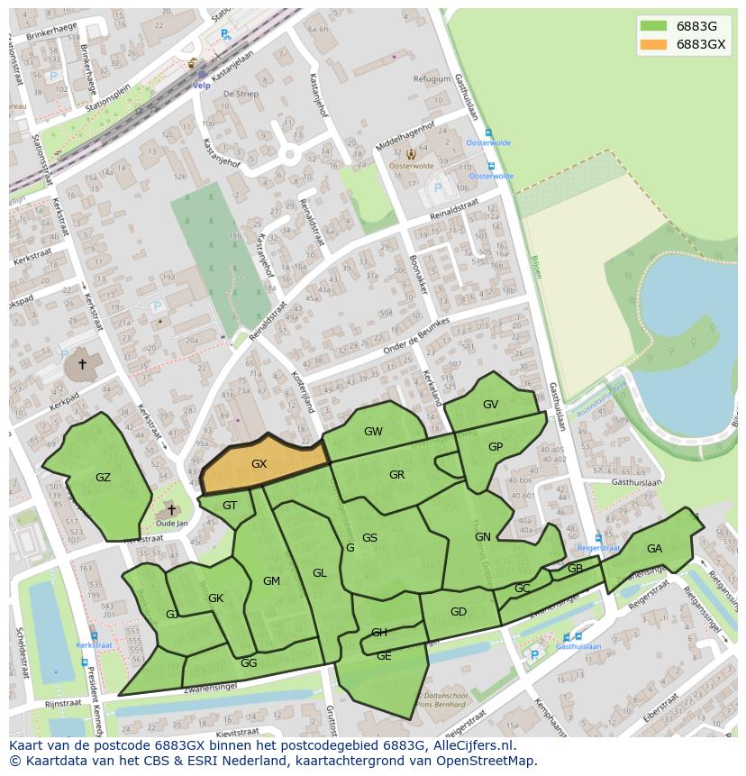 Afbeelding van het postcodegebied 6883 GX op de kaart.