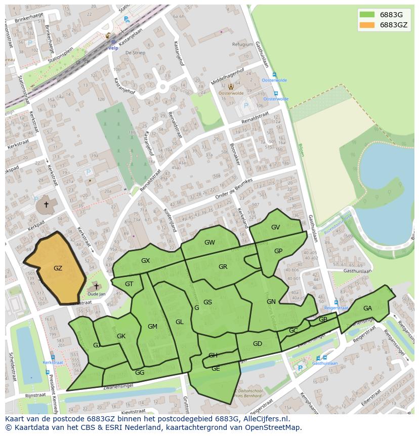 Afbeelding van het postcodegebied 6883 GZ op de kaart.