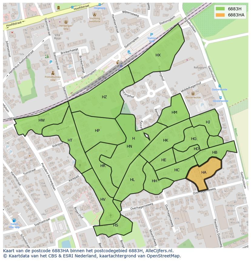 Afbeelding van het postcodegebied 6883 HA op de kaart.