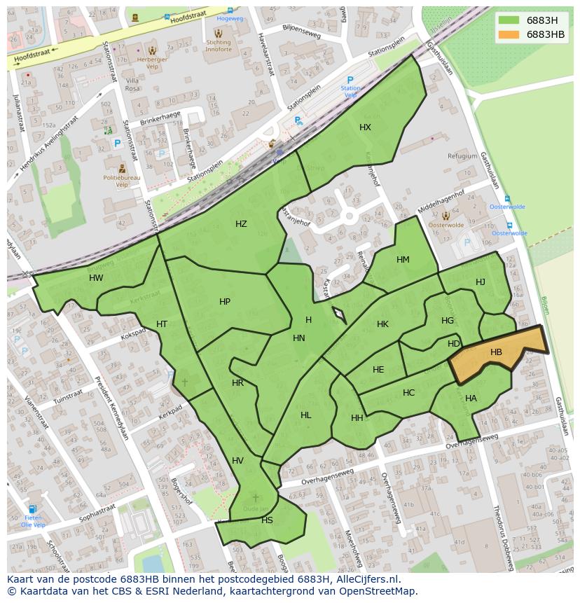 Afbeelding van het postcodegebied 6883 HB op de kaart.