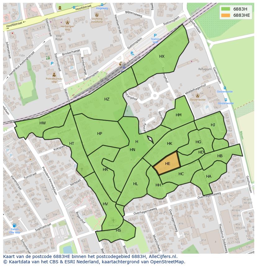 Afbeelding van het postcodegebied 6883 HE op de kaart.