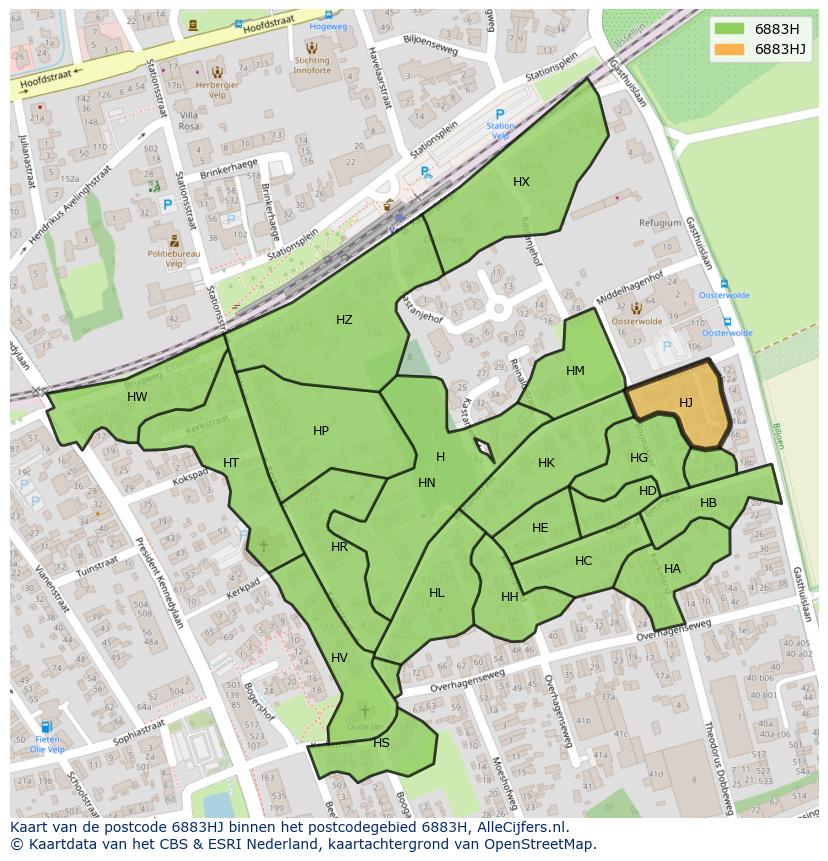 Afbeelding van het postcodegebied 6883 HJ op de kaart.