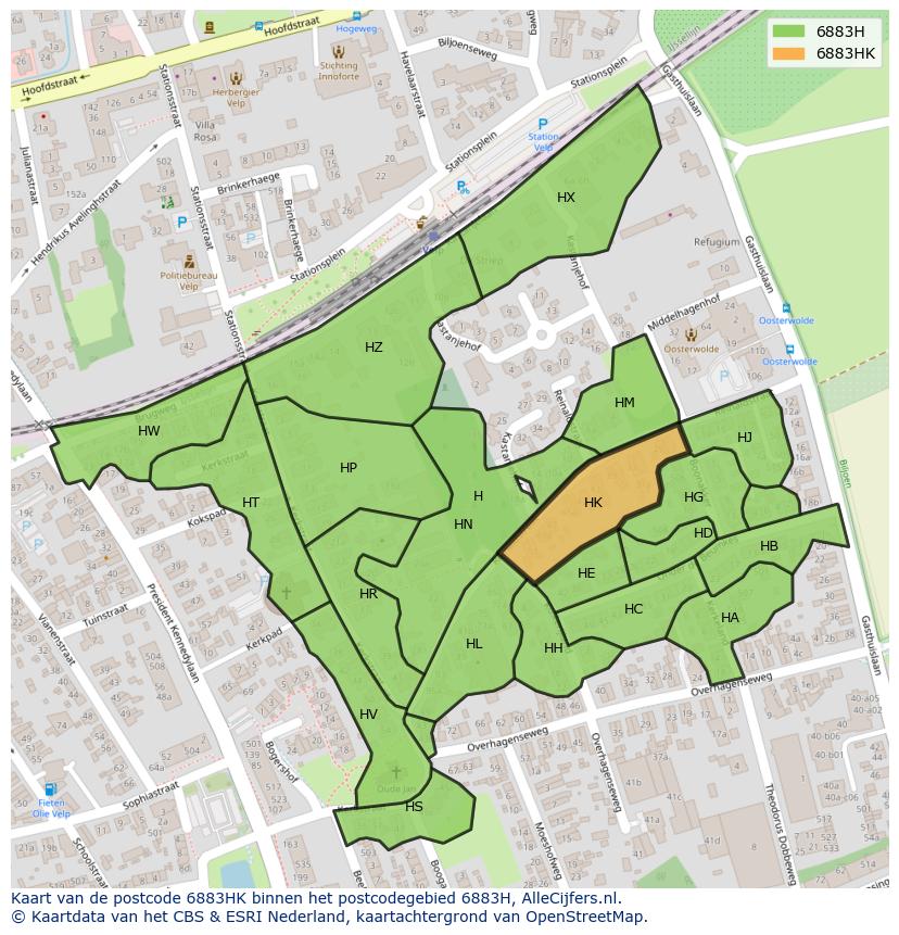 Afbeelding van het postcodegebied 6883 HK op de kaart.