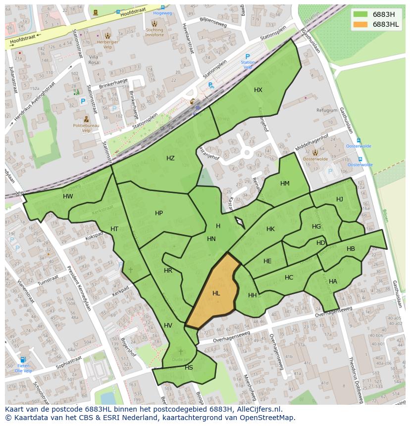 Afbeelding van het postcodegebied 6883 HL op de kaart.