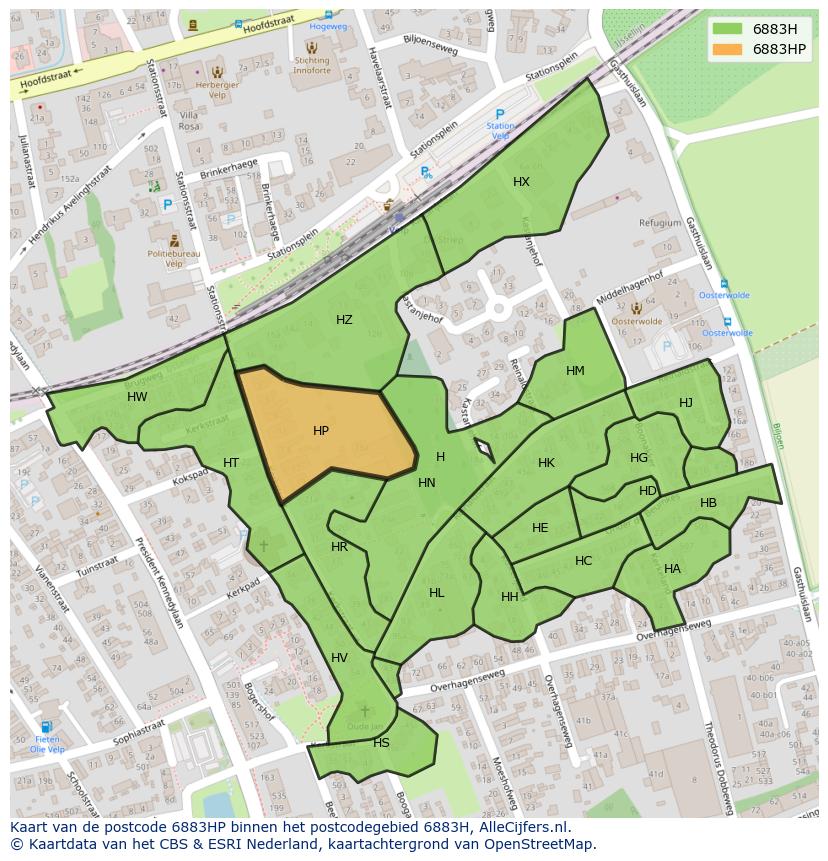 Afbeelding van het postcodegebied 6883 HP op de kaart.