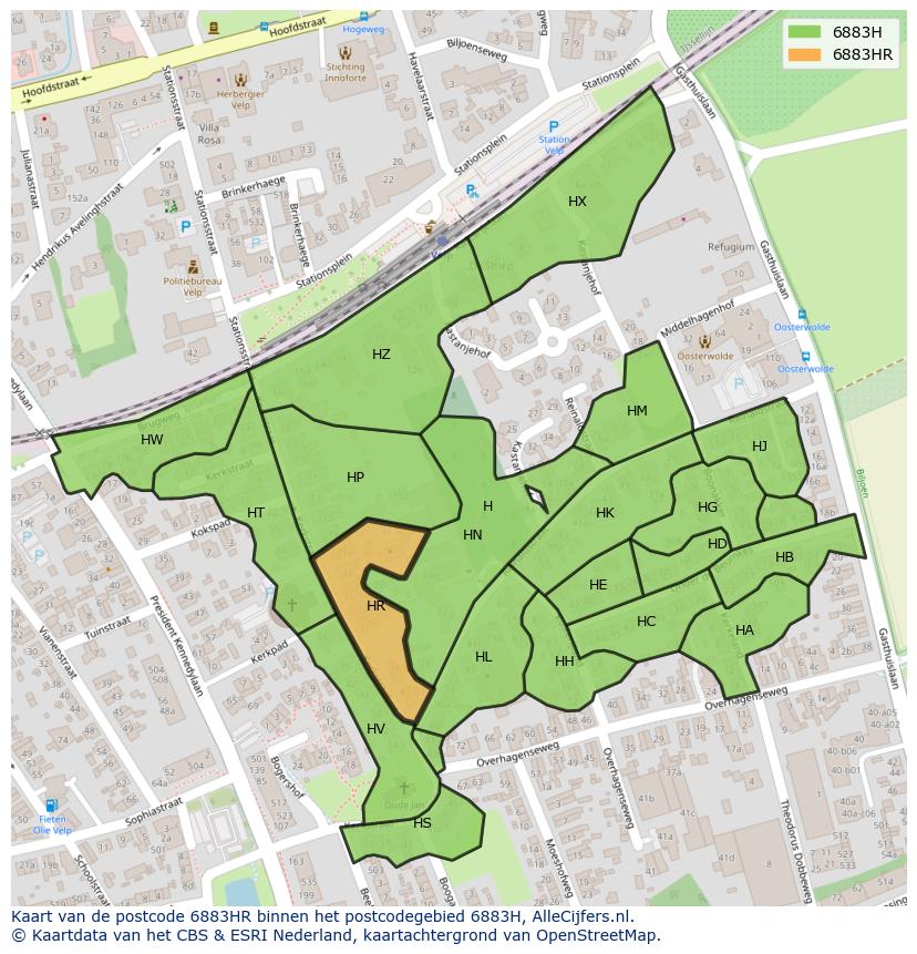 Afbeelding van het postcodegebied 6883 HR op de kaart.