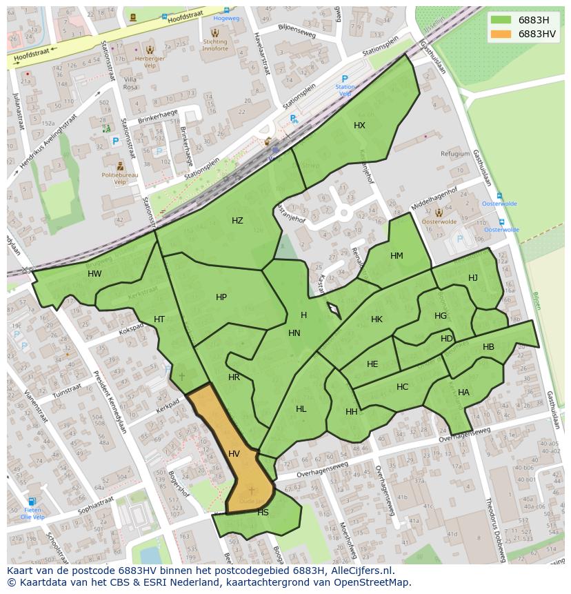 Afbeelding van het postcodegebied 6883 HV op de kaart.