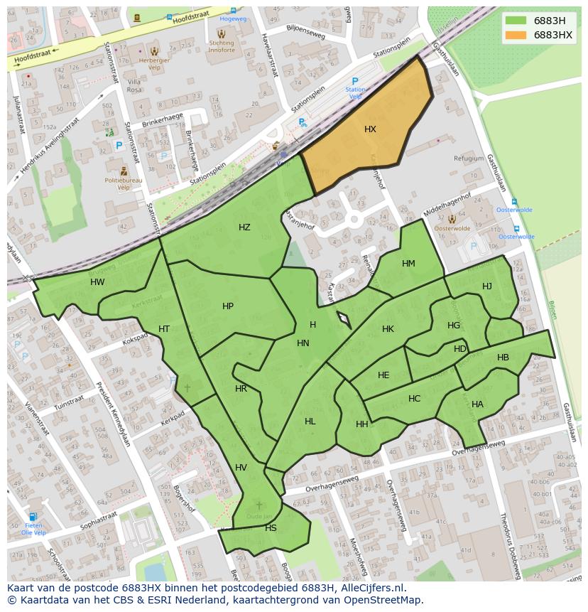 Afbeelding van het postcodegebied 6883 HX op de kaart.