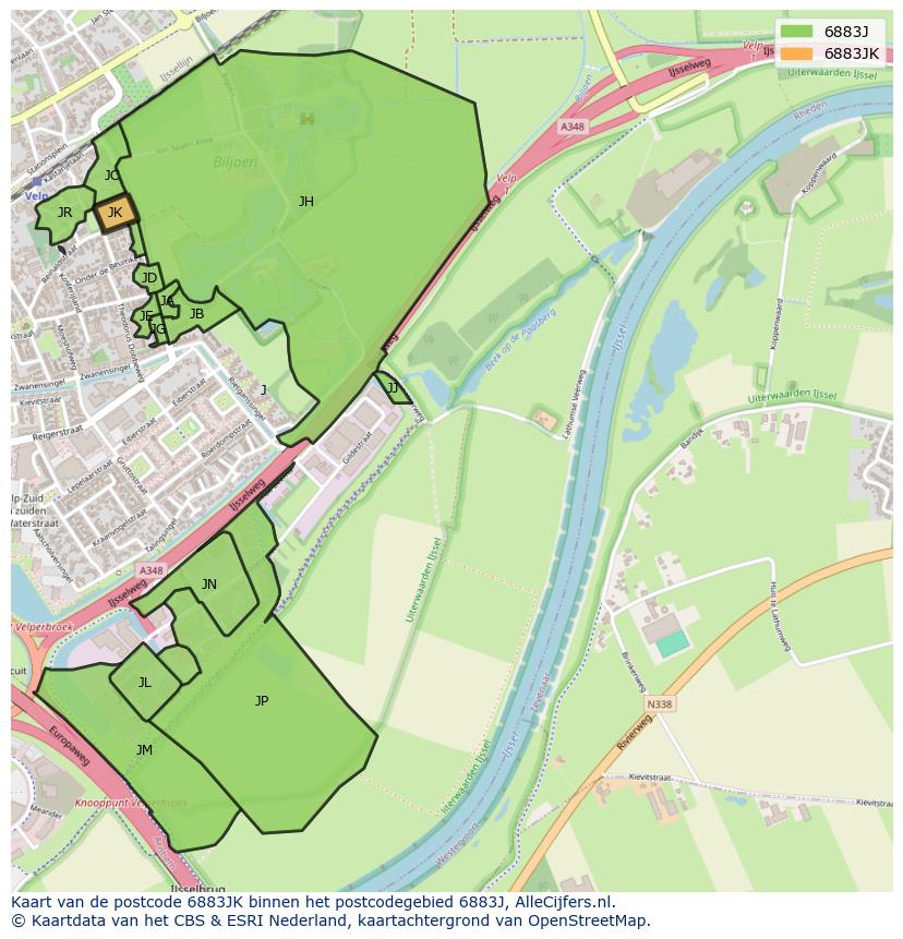 Afbeelding van het postcodegebied 6883 JK op de kaart.