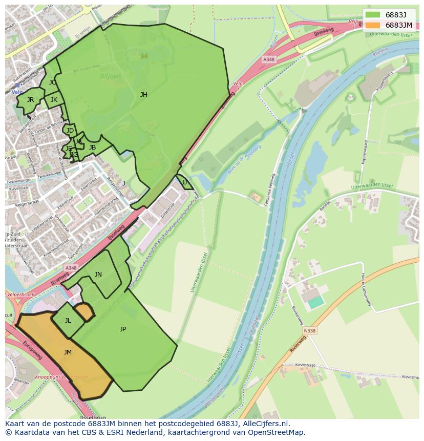 Afbeelding van het postcodegebied 6883 JM op de kaart.