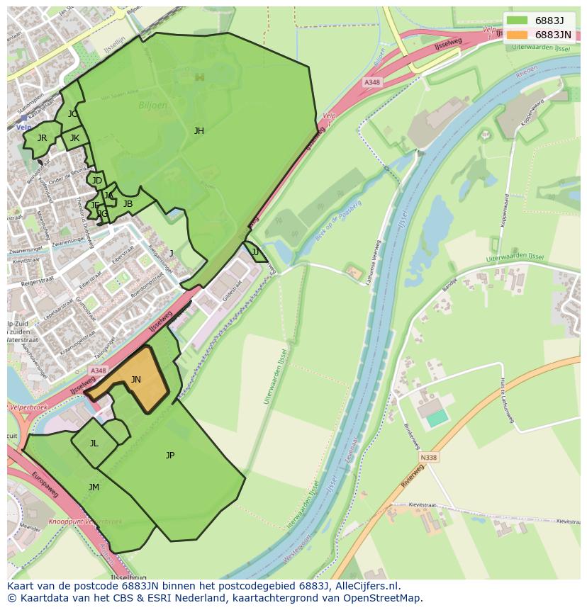 Afbeelding van het postcodegebied 6883 JN op de kaart.