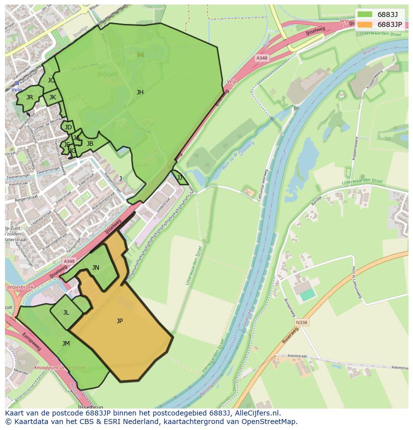 Afbeelding van het postcodegebied 6883 JP op de kaart.