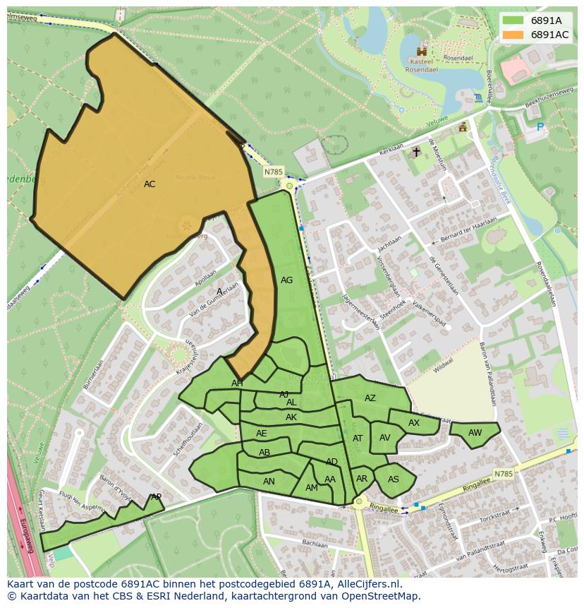 Afbeelding van het postcodegebied 6891 AC op de kaart.