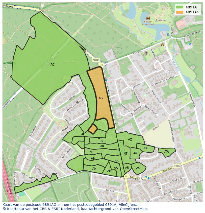 Afbeelding van het postcodegebied 6891 AG op de kaart.