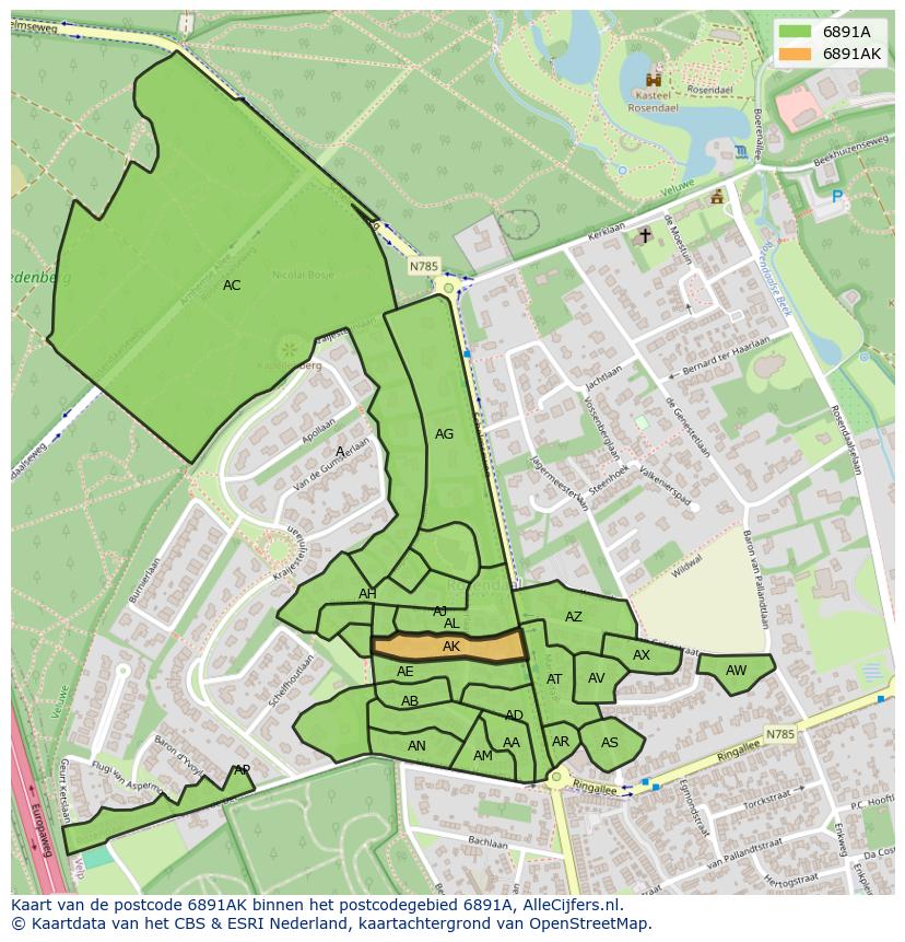 Afbeelding van het postcodegebied 6891 AK op de kaart.