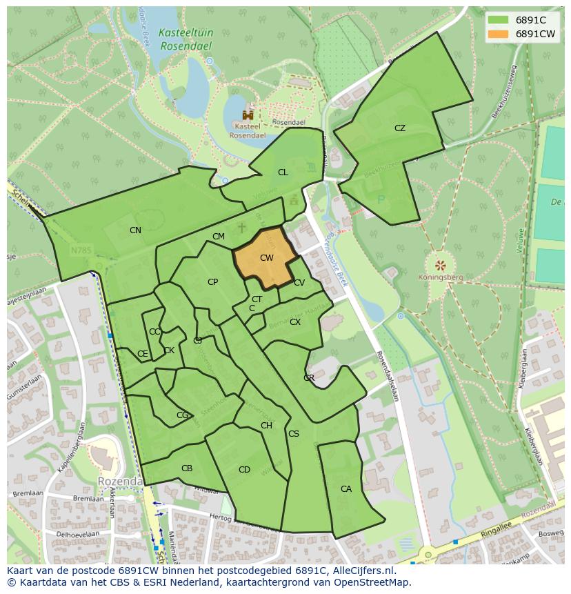 Afbeelding van het postcodegebied 6891 CW op de kaart.