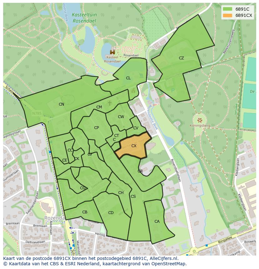 Afbeelding van het postcodegebied 6891 CX op de kaart.