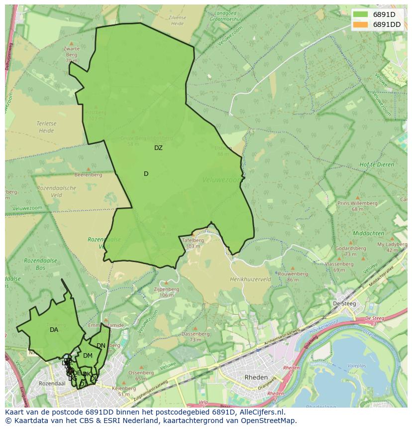 Afbeelding van het postcodegebied 6891 DD op de kaart.
