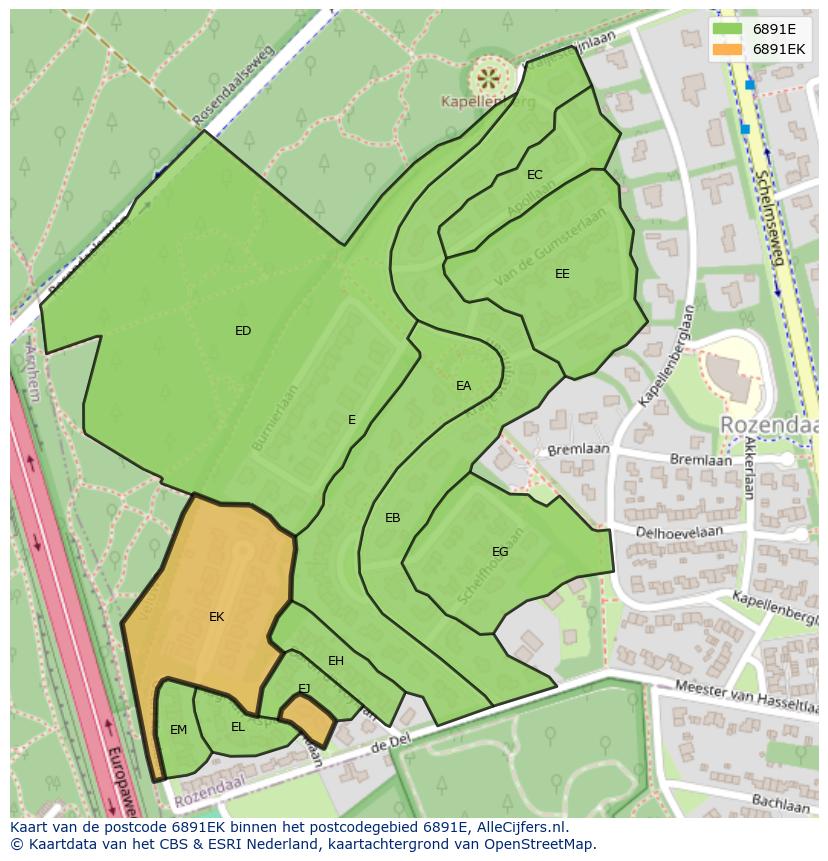 Afbeelding van het postcodegebied 6891 EK op de kaart.