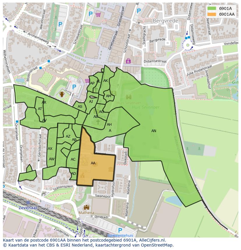 Afbeelding van het postcodegebied 6901 AA op de kaart.