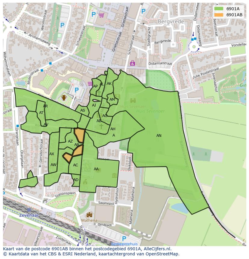 Afbeelding van het postcodegebied 6901 AB op de kaart.
