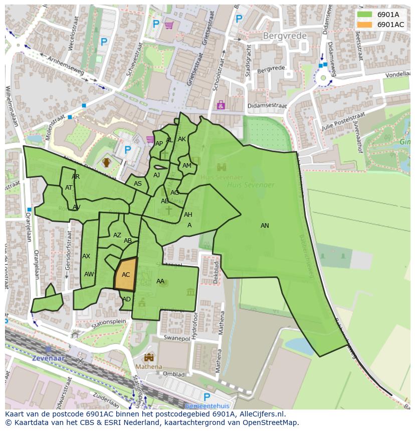Afbeelding van het postcodegebied 6901 AC op de kaart.