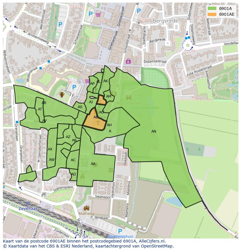 Afbeelding van het postcodegebied 6901 AE op de kaart.