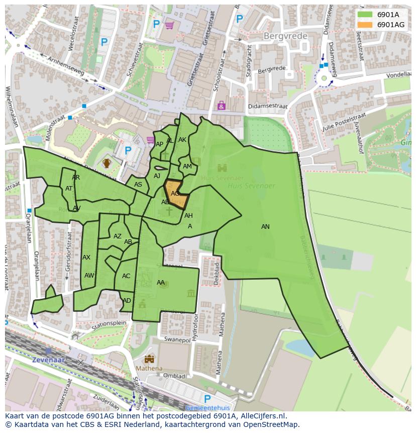 Afbeelding van het postcodegebied 6901 AG op de kaart.