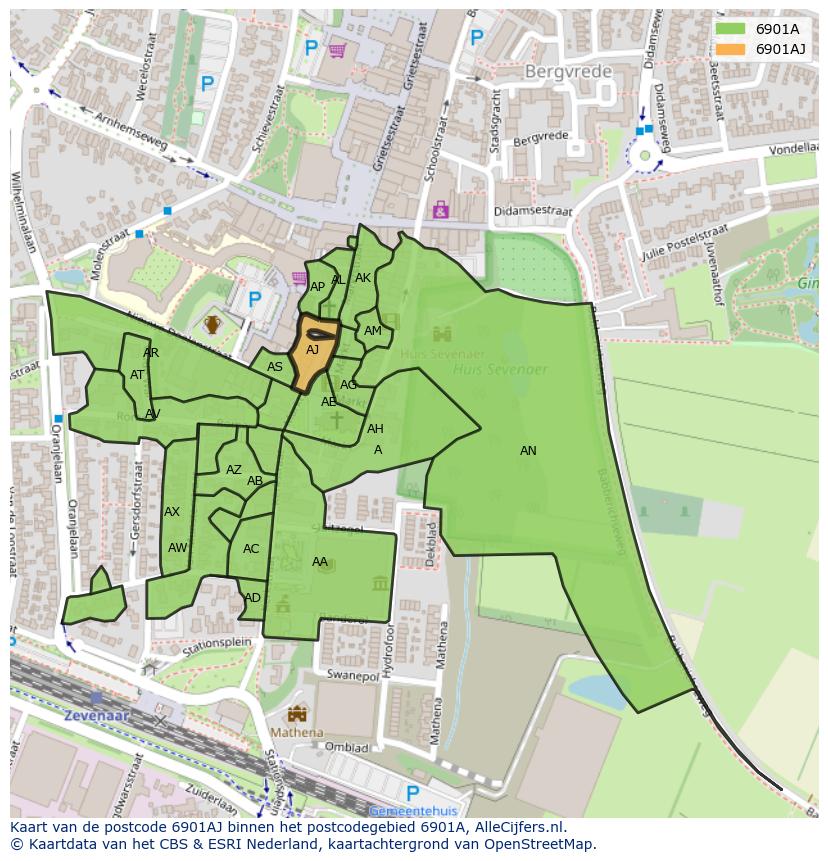 Afbeelding van het postcodegebied 6901 AJ op de kaart.