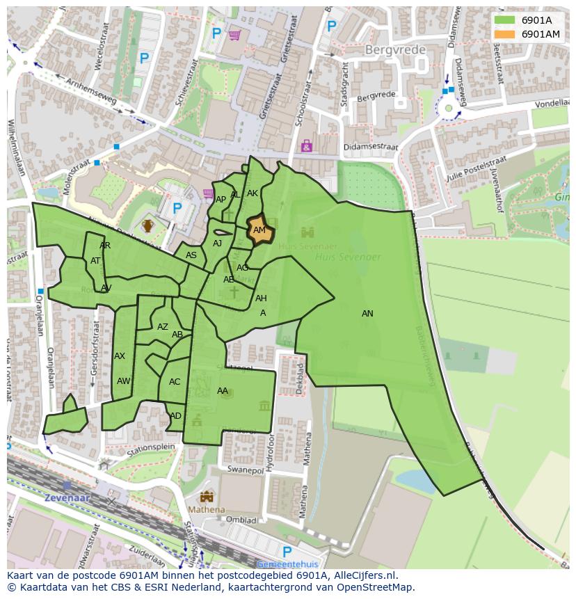 Afbeelding van het postcodegebied 6901 AM op de kaart.
