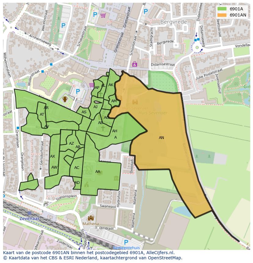 Afbeelding van het postcodegebied 6901 AN op de kaart.
