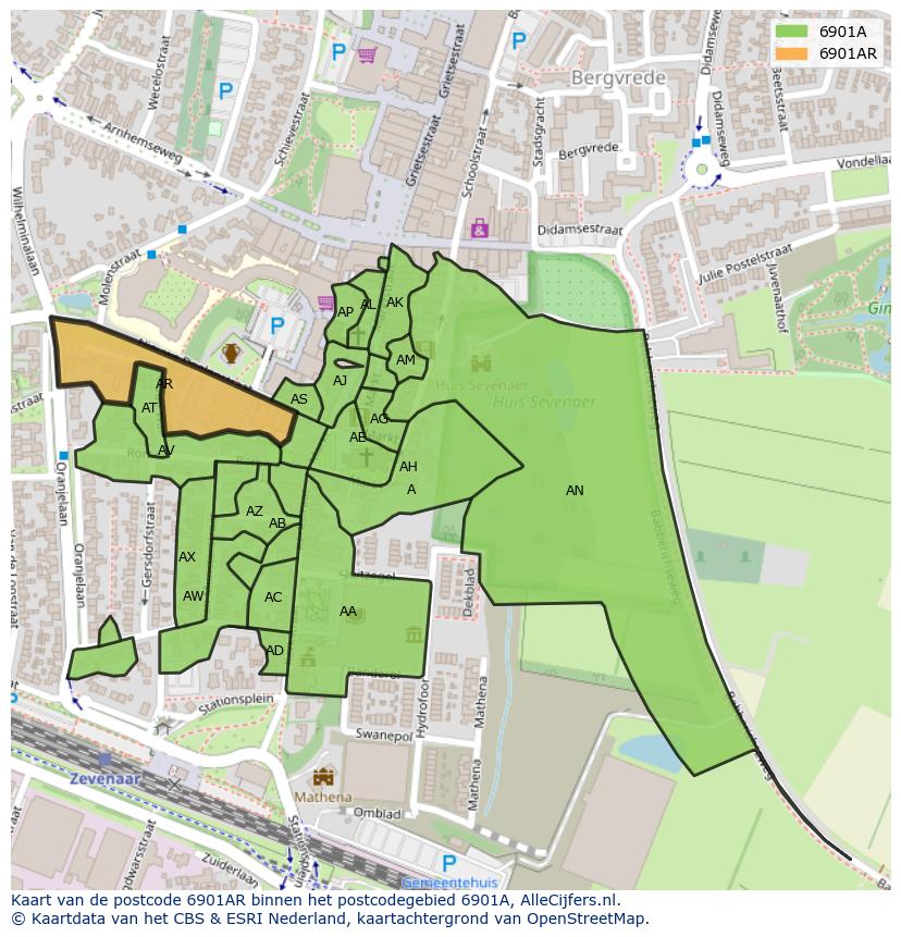 Afbeelding van het postcodegebied 6901 AR op de kaart.