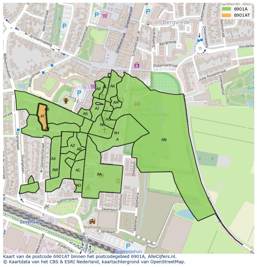 Afbeelding van het postcodegebied 6901 AT op de kaart.
