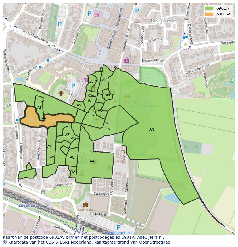 Afbeelding van het postcodegebied 6901 AV op de kaart.