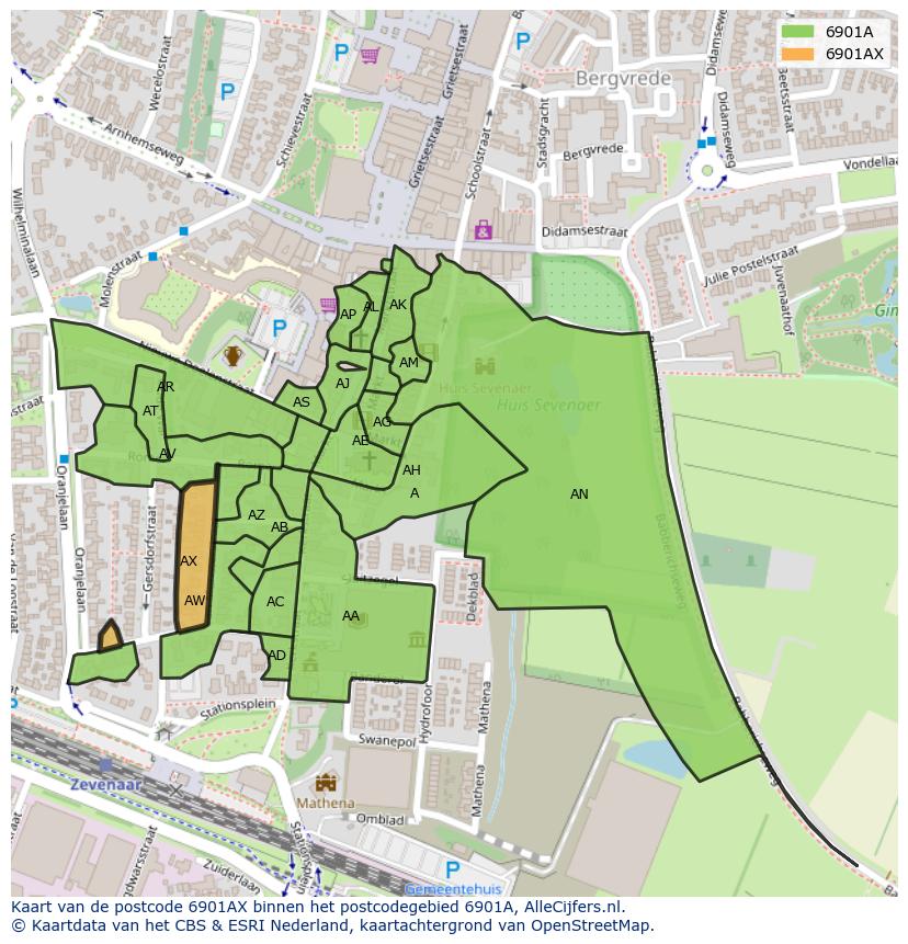 Afbeelding van het postcodegebied 6901 AX op de kaart.