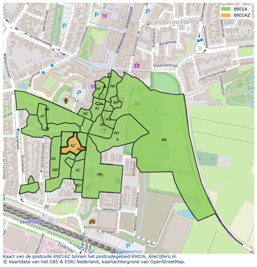 Afbeelding van het postcodegebied 6901 AZ op de kaart.