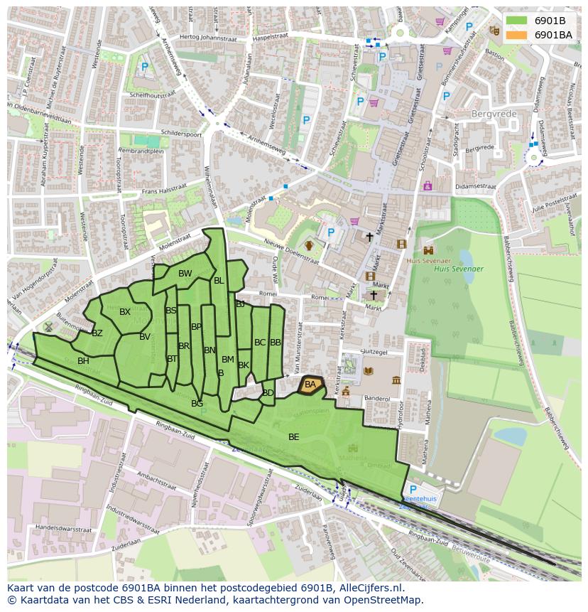 Afbeelding van het postcodegebied 6901 BA op de kaart.