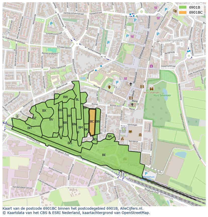 Afbeelding van het postcodegebied 6901 BC op de kaart.